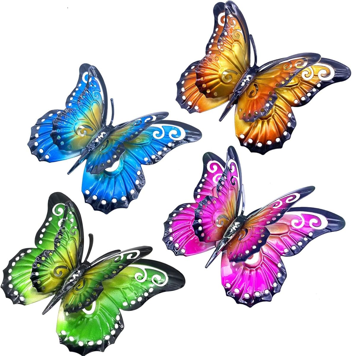 4 Pack Metal Double Wing hanging Butterfly Wall Art Decor - 6.5" (New)