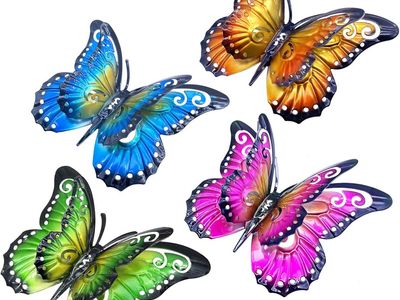 4 Pack Metal Double Wing hanging Butterfly Wall Art Decor - 6.5" (New)
