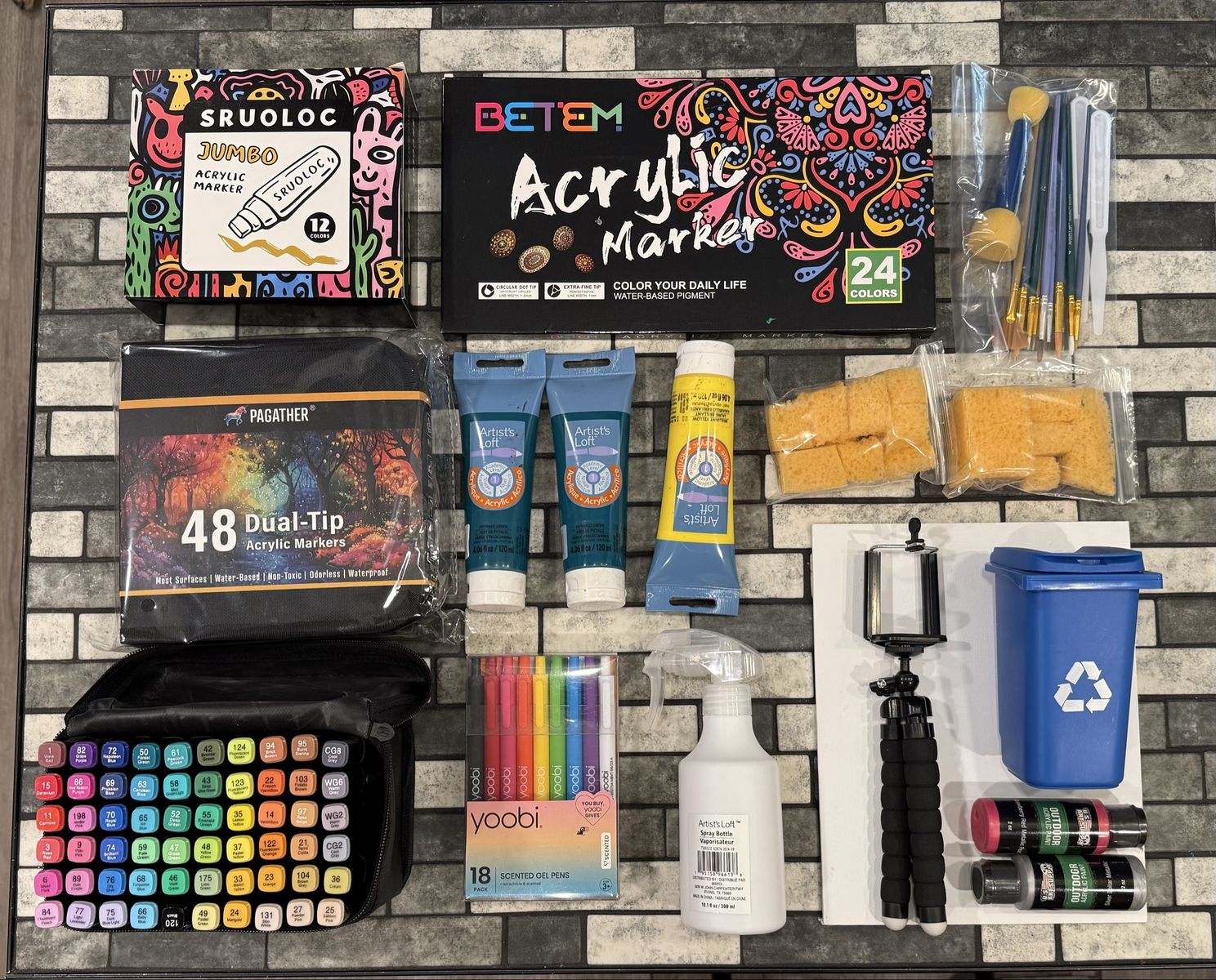 Brand new artist set- Acrylic Markers, Alcohol Markers, Acrylic Paints, Canvas, Brushes, Sponges, Gel Pens, Tripod & more.