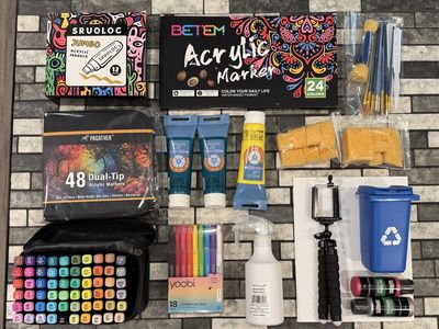 Brand new artist set- Acrylic Markers, Alcohol Markers, Acrylic Paints, Canvas, Brushes, Sponges, Gel Pens, Tripod & more.