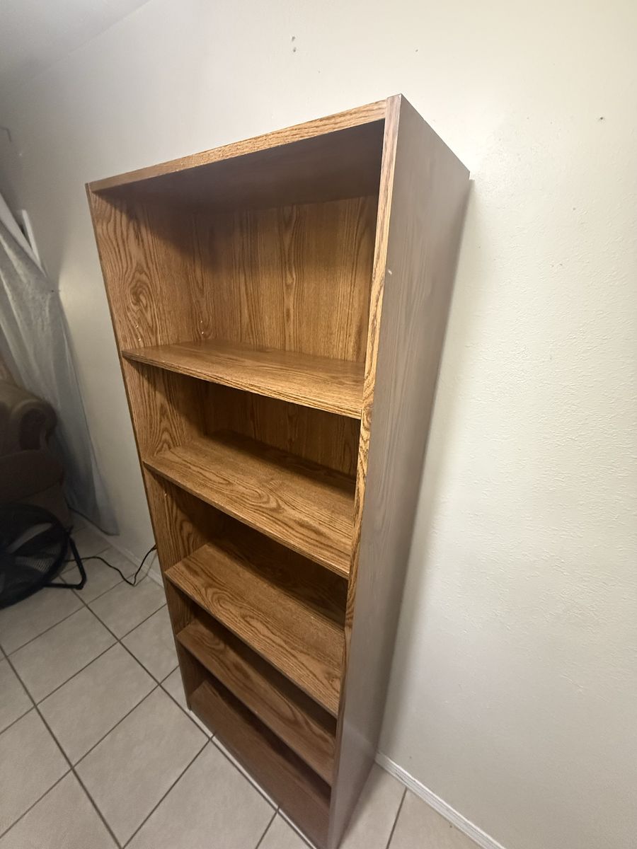 Tall Wooden Bookshelf with 5 Shelves - Brown Wood Grain Finish
