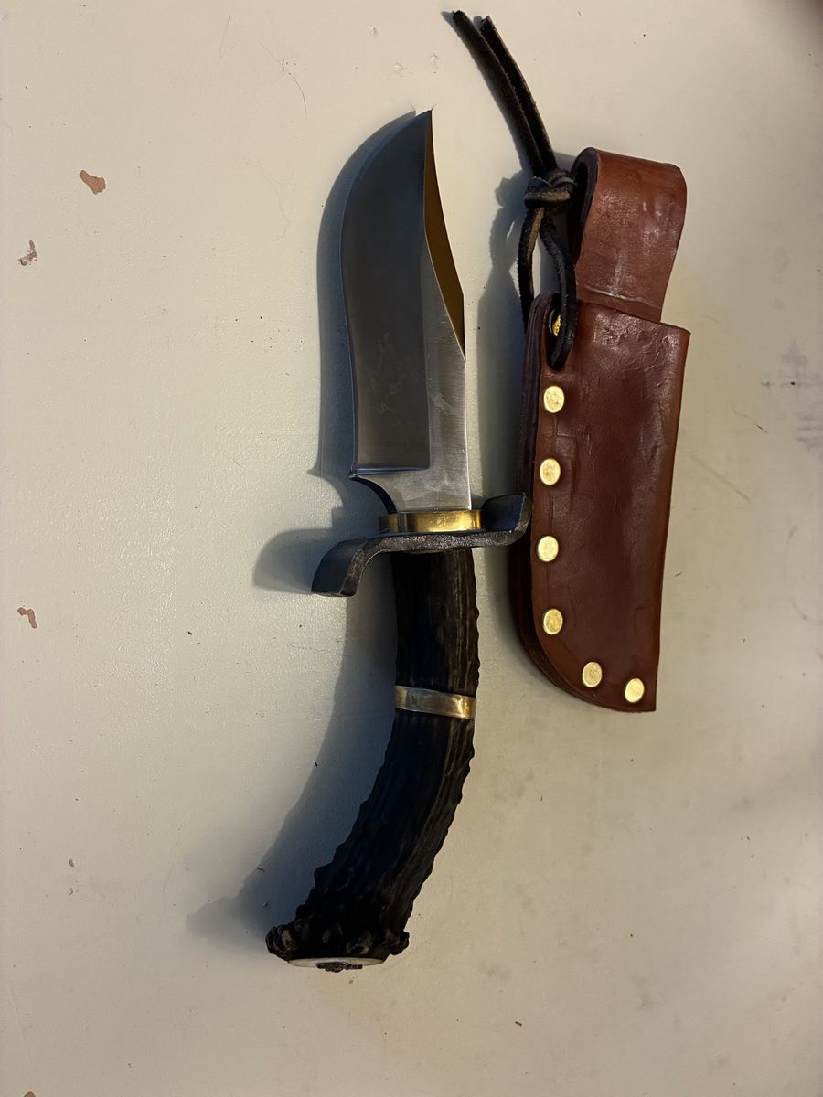Custom Fixed Blade Bowie Knife with Stag Antler Handle and Leather Sheath