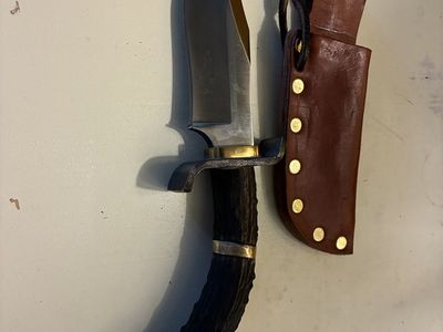 Custom Fixed Blade Bowie Knife with Stag Antler Handle and Leather Sheath