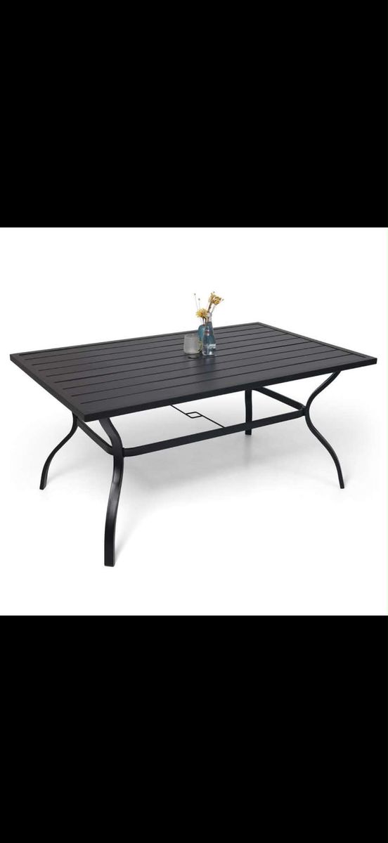 Outdoor Patio Dining Table - Black Metal Slatted Rectangle Design