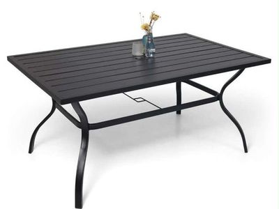 Outdoor Patio Dining Table - Black Metal Slatted Rectangle Design