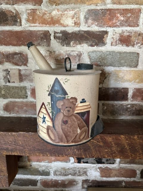 Vintage Hand-Painted Metal Gas Can Decor with Teddy Bear Folk Art