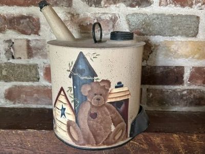 Vintage Hand-Painted Metal Gas Can Decor with Teddy Bear Folk Art