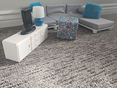 Dollhouse Living Room Furniture Set: Gray Sectional, White TV Stand, Floral Ottoman, Lamp, Tablet