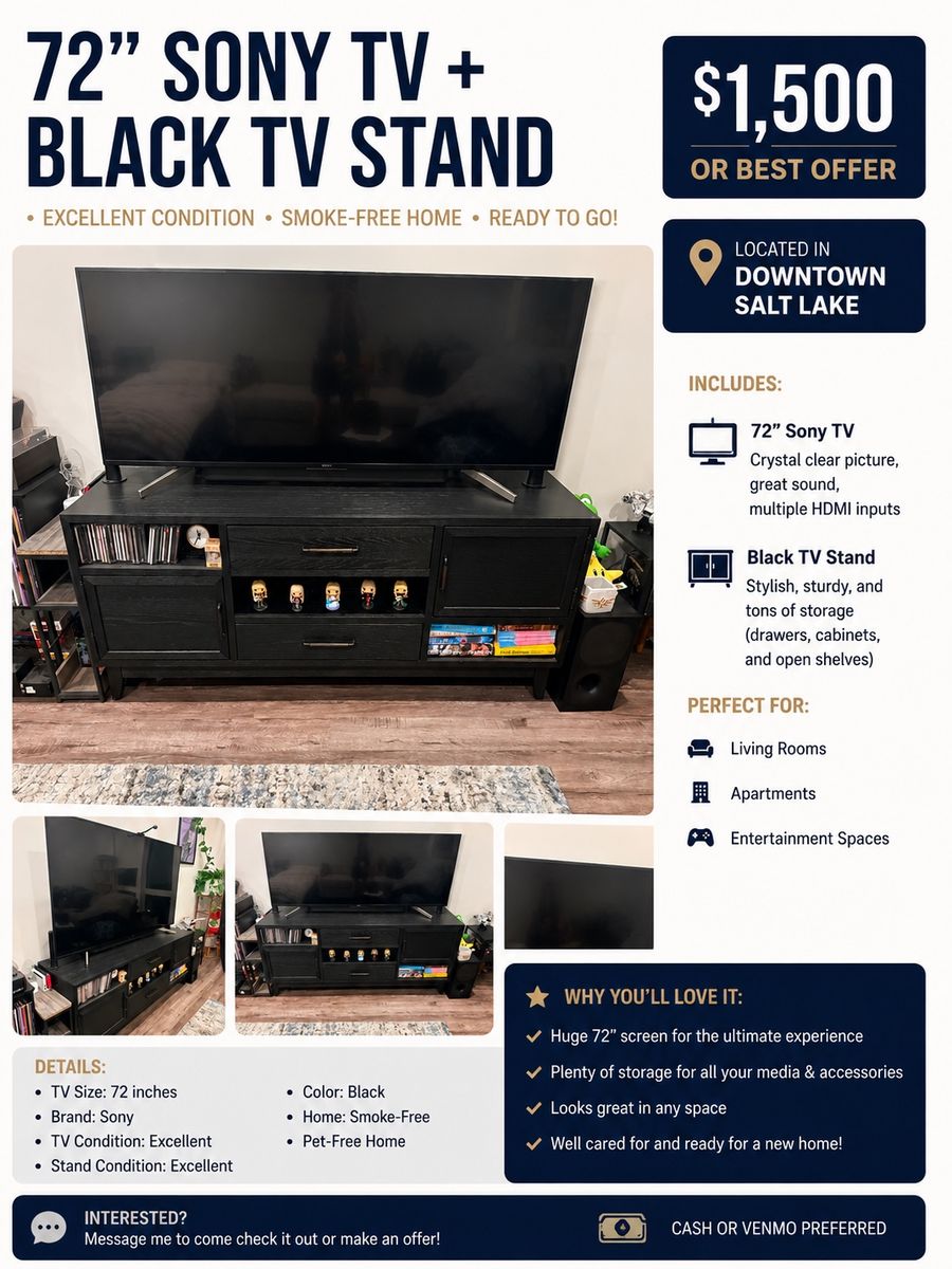 Sony 72" 4K UHD Smart TV & Black Entertainment Center - Excellent Condition