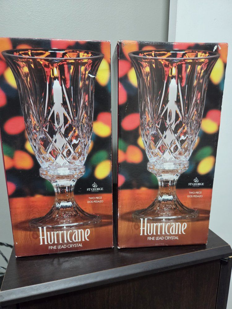 Set of 2 St George Crystal Hurricane Fine Lead Crystal Candle Holders NIB