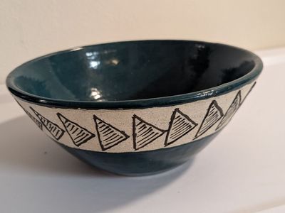 larger pottery bowl bluish emerald green