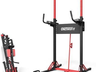ONETWOFIT Foldable Power Tower Pull Up Bar Station, Multi-Function Adjustable Height Dip Station