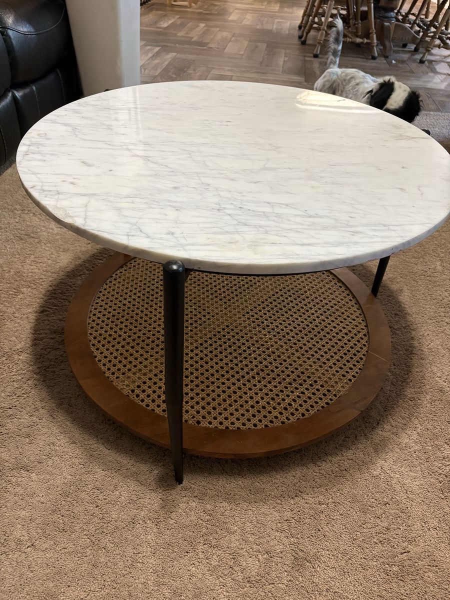 Round Marble Top Coffee Table with Caned Lower Shelf