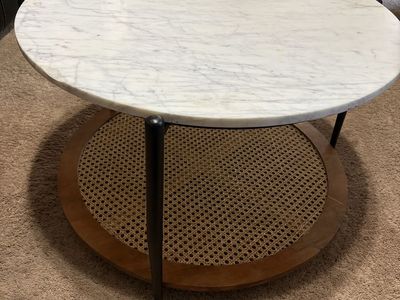 Round Marble Top Coffee Table with Caned Lower Shelf