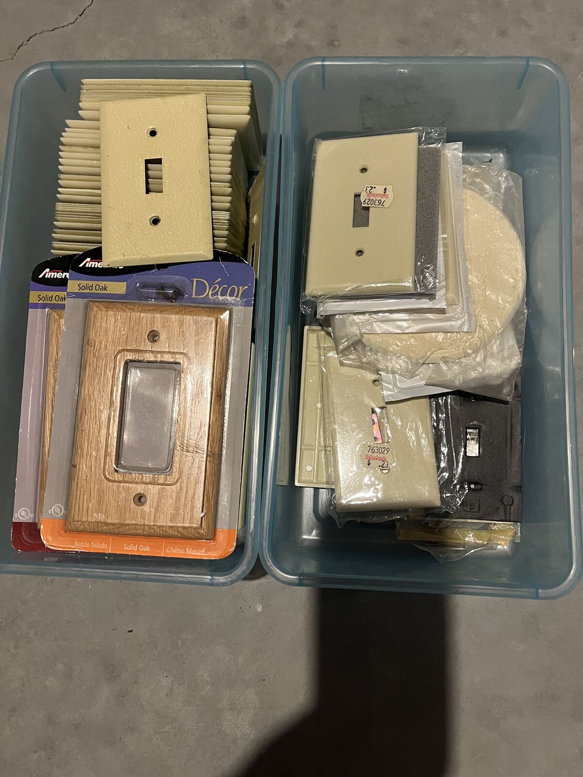 Varaious light switch plates in an array of colors and material.