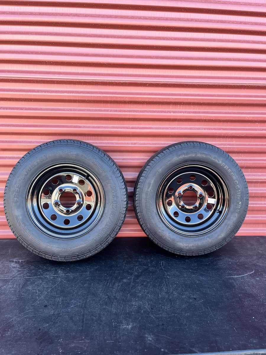 Set of 2 Free Country ST 175/80 D 13 Trailer Tires Mounted on New Black Mod Wheels 5 on 4.5 Brand New