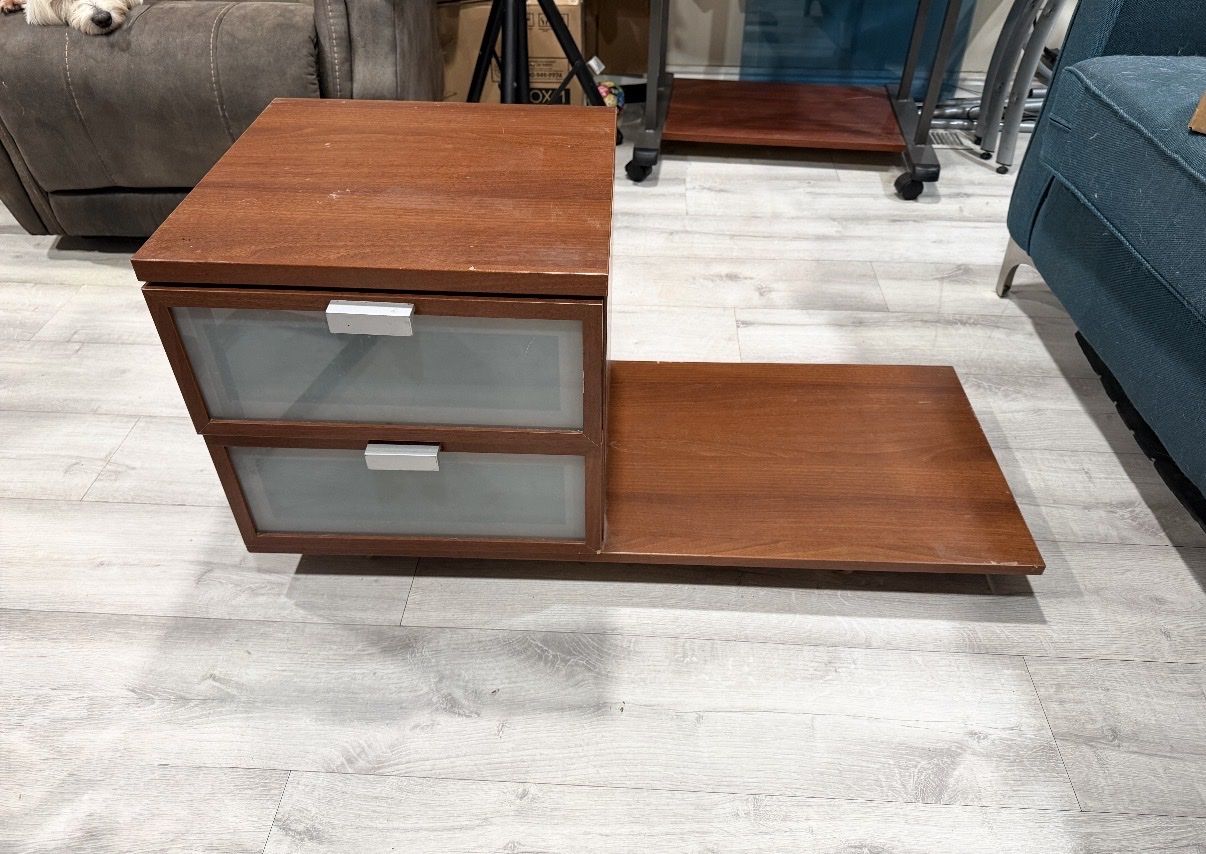Versatile Brown Wood Side Table with 2 Frosted Glass Drawers & Extension Shelf