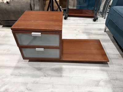 Versatile Brown Wood Side Table with 2 Frosted Glass Drawers & Extension Shelf