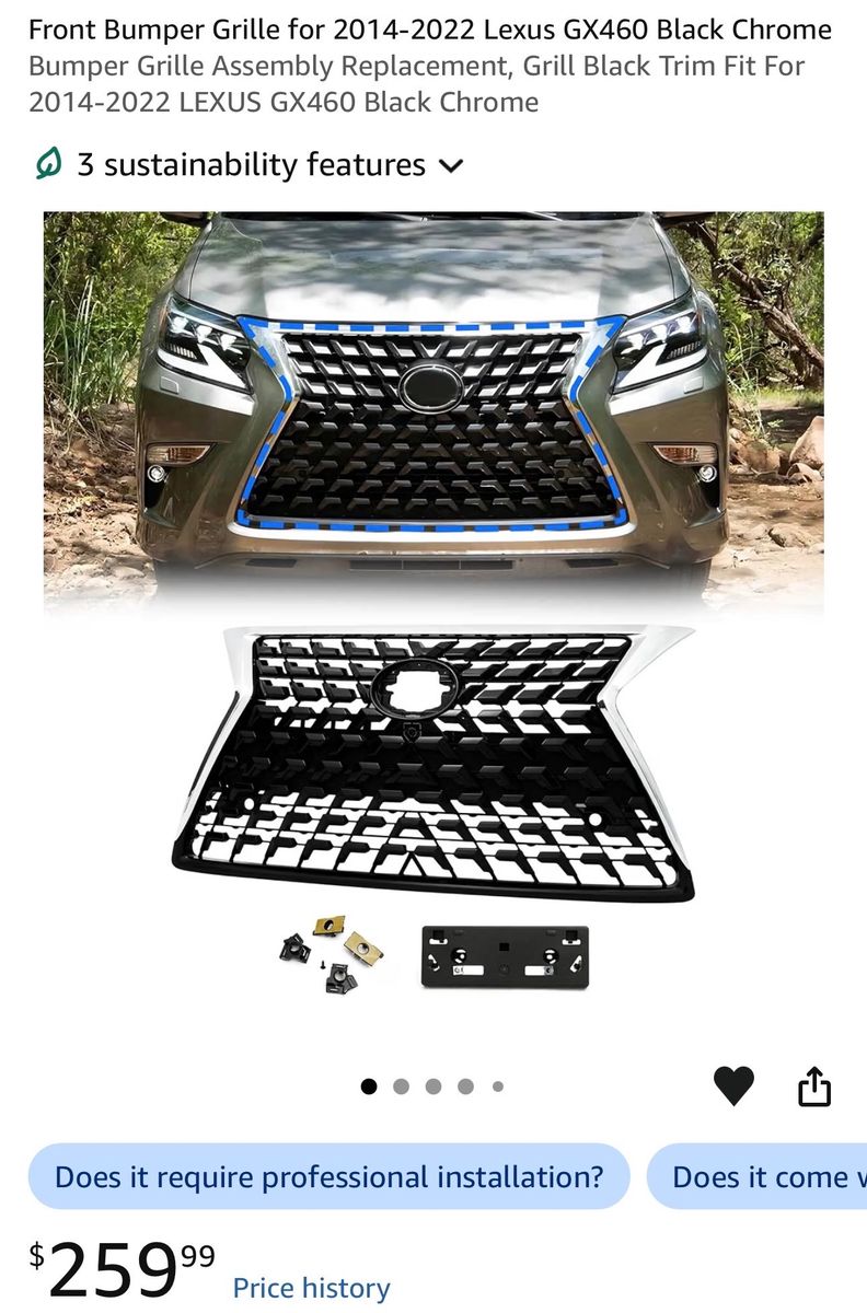 Front Bumper Grille Assembly Replacement for 2014-2022 Lexus GX460 Black Chrome