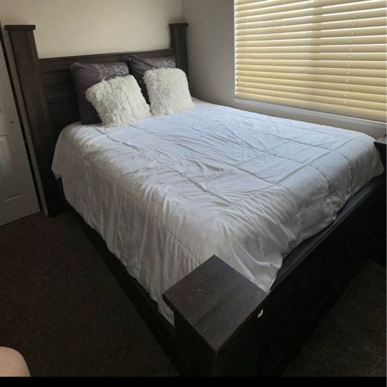 Dark Wood Bedroom Set - Bed Frame & Matching Dresser, mirror & mattress included