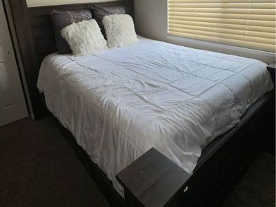 Dark Wood Bedroom Set - Bed Frame & Matching Dresser, mirror & mattress included