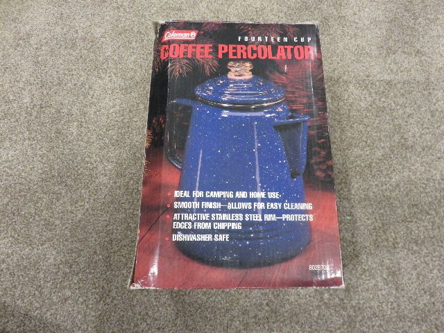 Vintage Coleman 14-Cup Blue Speckled Enamel Coffee Percolator NIB ID# 802B705
