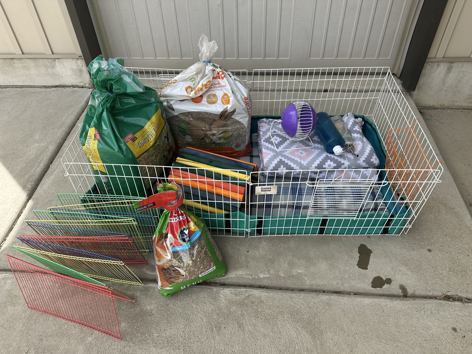 Guinea pig habitat with food, bedding, accessories