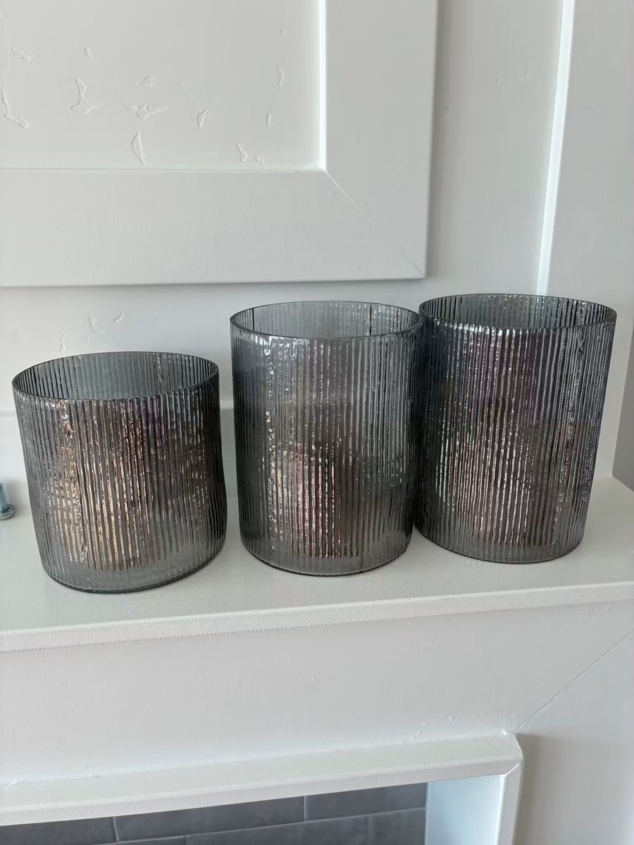 Set of 3 Smokey Grey Fluted Glass Hurricane Candle Holders Vases