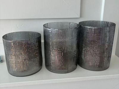Set of 3 Smokey Grey Fluted Glass Hurricane Candle Holders Vases