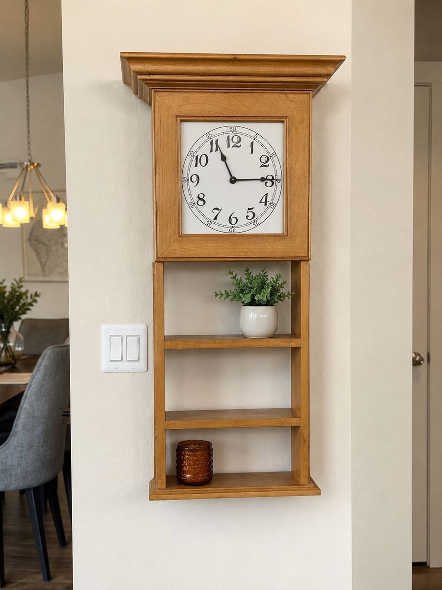 Wooden Wall Clock with Integrated Shelves - Rustic & Functional Home Decor