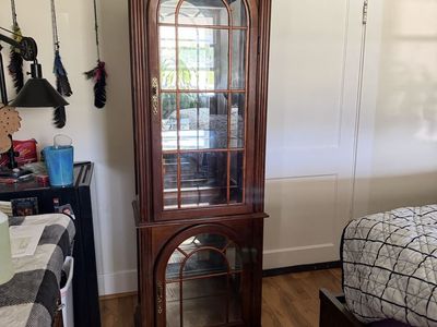 Vintage Wooden Curio Cabinet with Glass Shelves and Doors - Classic Display Furniture