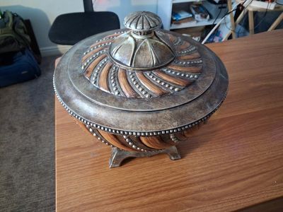 Ornate Decorative Bowl with Lid - Wood & Silver-Tone Metal Accent Piece