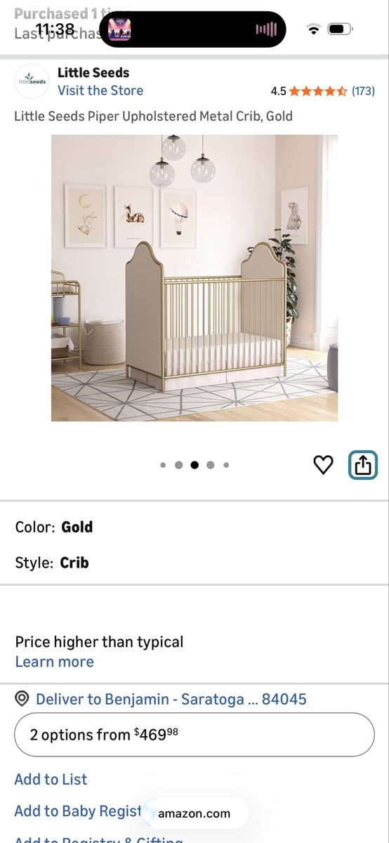 Gold Metal Upholstered Crib With Mattress
