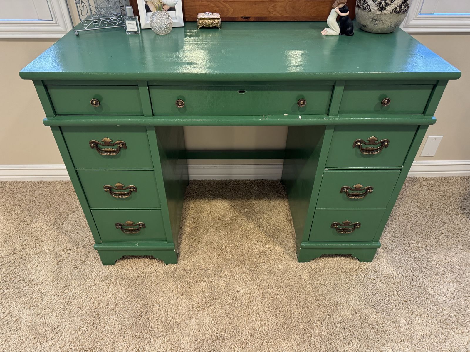 Vintage Green Wood Desk with 7 Drawers - Classic Style 41”x20”