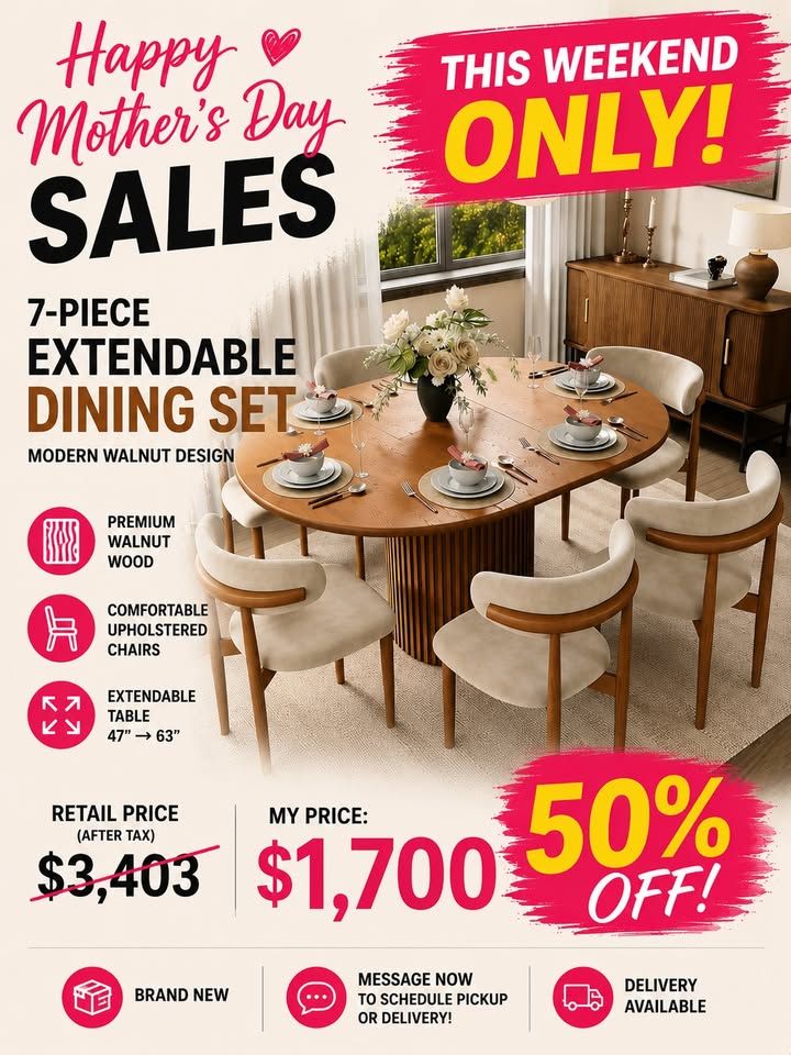 Povison Silva 7-Piece Mid-Century Modern Extendable Dining Table Set (47”–63”)