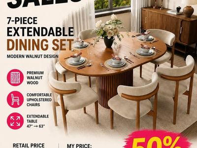 Povison Silva 7-Piece Mid-Century Modern Extendable Dining Table Set (47”–63”)