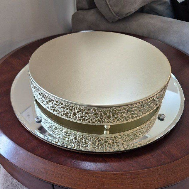 Wedding Cake Stand with Gold Filigree Edging + mirror base
