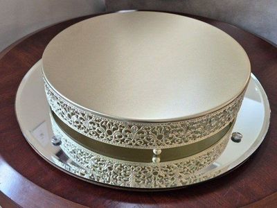 Wedding Cake Stand with Gold Filigree Edging + mirror base
