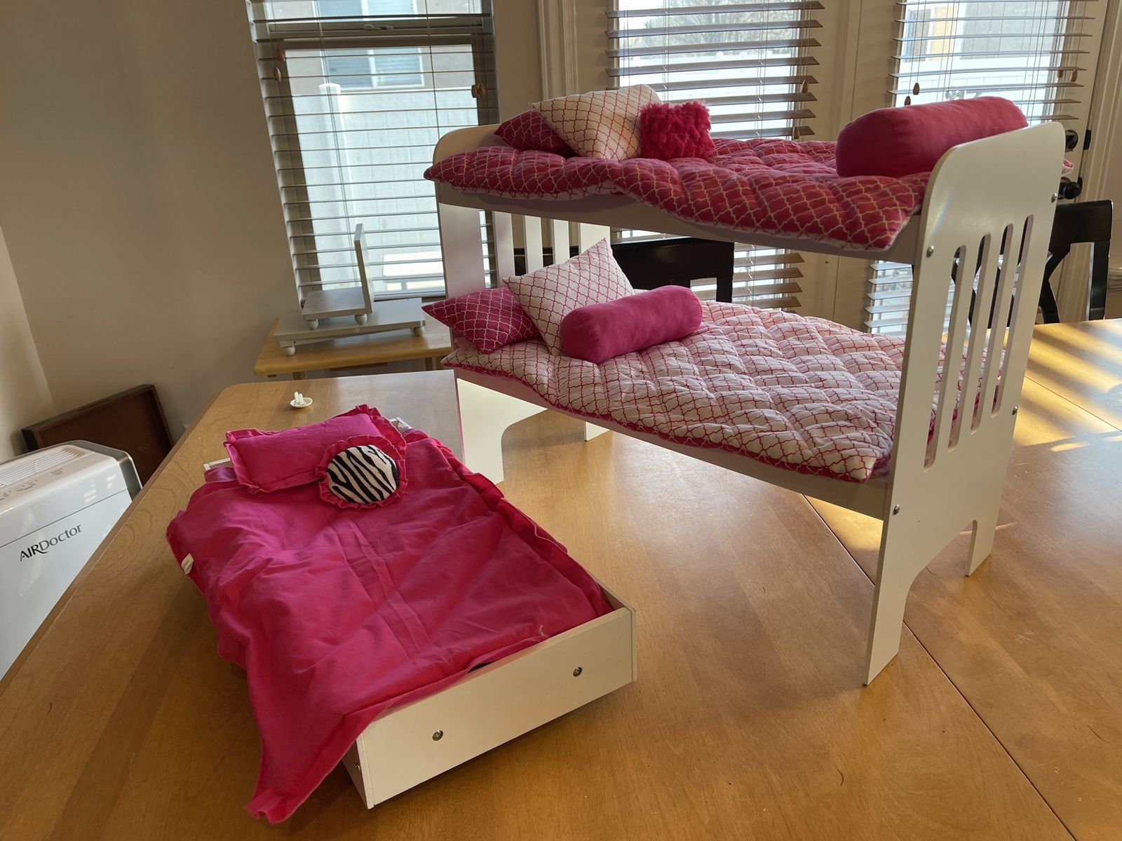 Doll Bunk Beds & Trundle with Bedding - White/Pink, Fits 18" Dolls