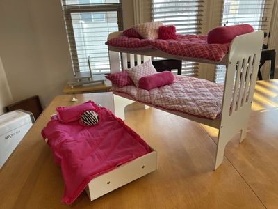 Doll Bunk Beds & Trundle with Bedding - White/Pink, Fits 18" Dolls