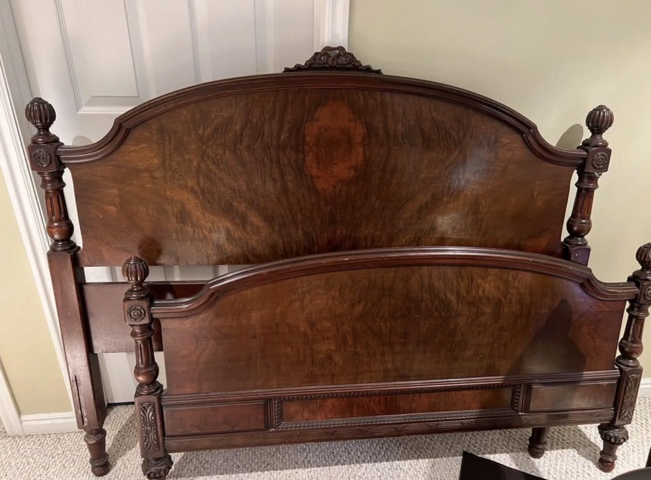 Antique Full Size Burlwood Bed Frame - Carved Walnut Headboard & Footboard