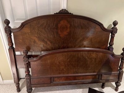 Antique Full Size Burlwood Bed Frame - Carved Walnut Headboard & Footboard