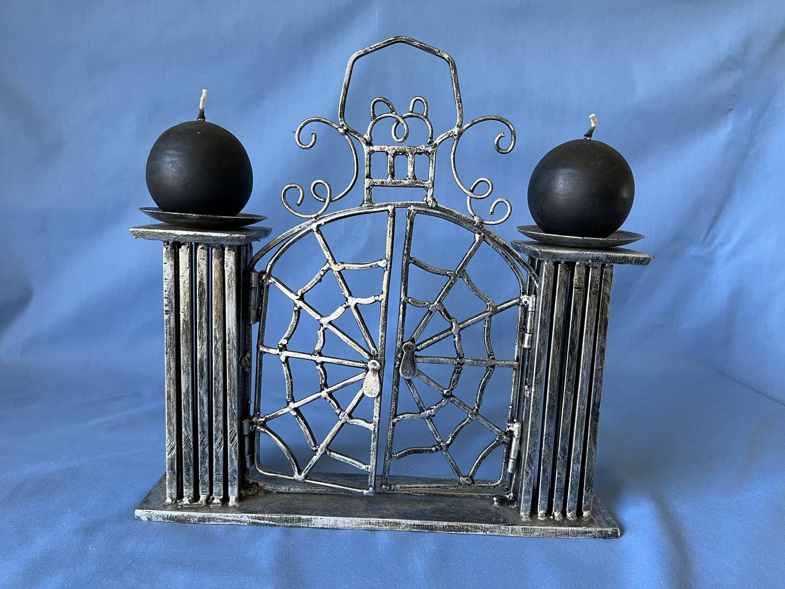 90s Vintage Halloween - Hand-Welded Gothic Skull & Spiderweb Candelabra, Heavy Metal