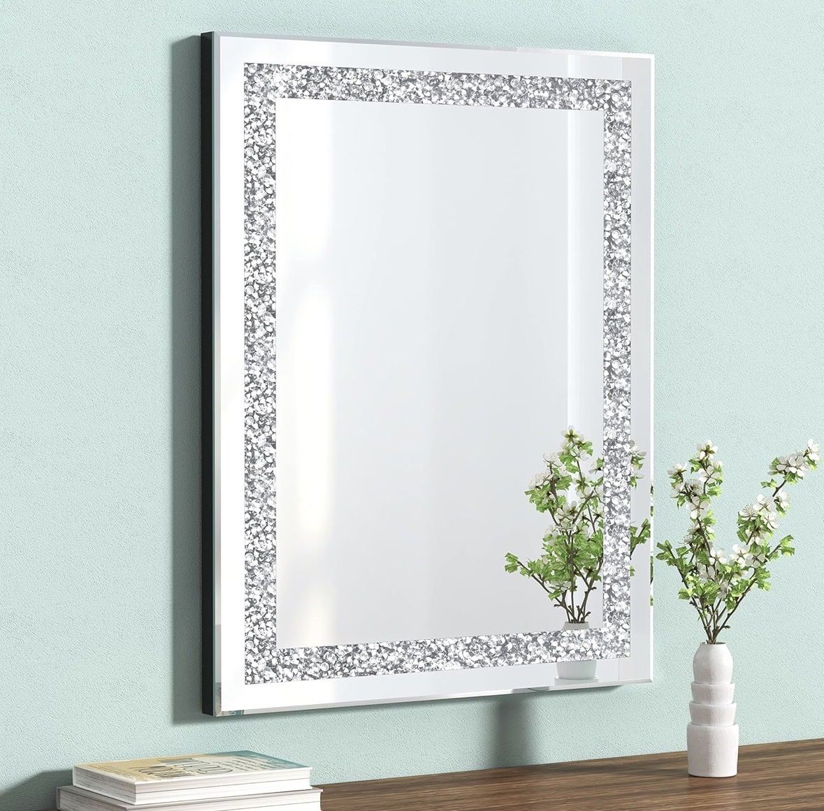 Crystals Framed Wall Mirror, Decorative Glam Vanity Mirror, 16x20 Inches