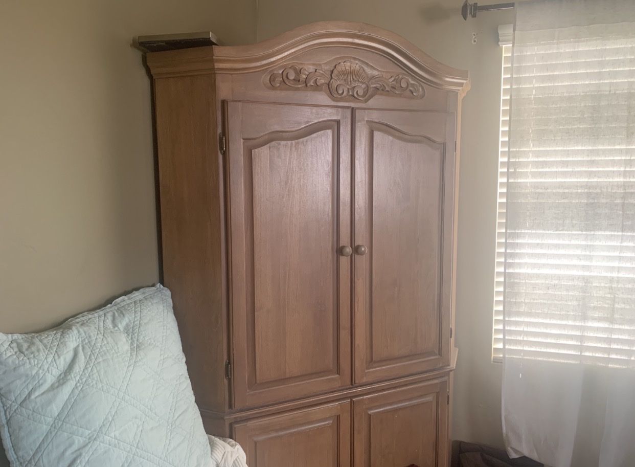 Vintage Wooden Armoire Wardrobe Cabinet with Carved Details - 78 Inches High