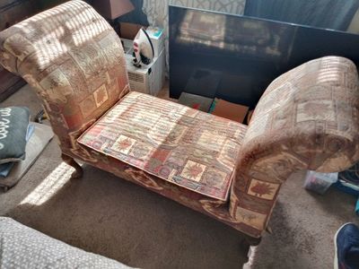Rolled arm queen Anne style antique window bench