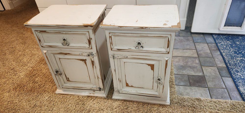 Shabby Chic White Wood Nightstands - Pair of Distressed End Tables with Drawer & Cabinet Storage