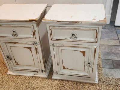 Shabby Chic White Wood Nightstands - Pair of Distressed End Tables with Drawer & Cabinet Storage