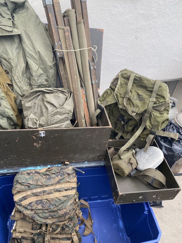 Vintage GI Military Gear! Pup Tent, Cot, Coat, Etc