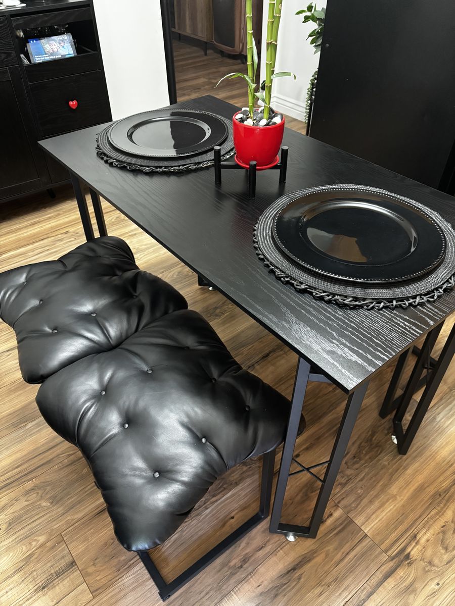 Black rectangle table with bench and 2 stools